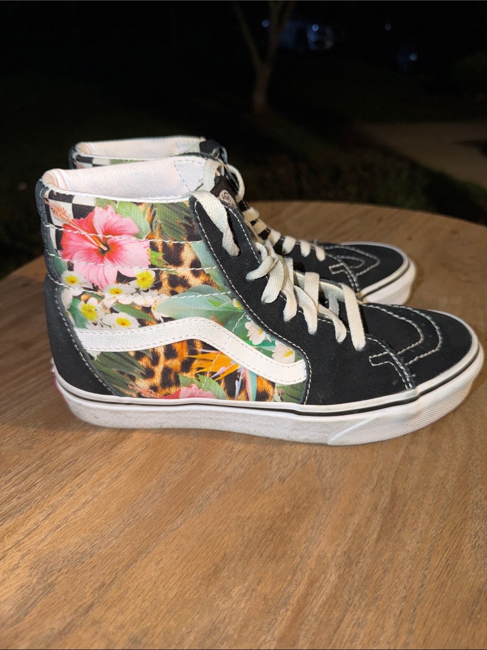Vans Black/White High-Top Sneakers with Tropical Floral & Leopard Panels W6/M4.5
